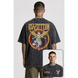 Fuddy Moda Unisex Oversize LED Zeppelin Angel Sırt Baskılı Yıkamalı Vintage Tişört - Siyah - 2XL