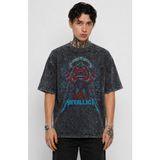 Fuddy Moda Unisex Oversize Metallica Face Illustration Baskılı Yıkamalı Rock Band Tişört - Siyah - XL