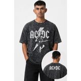 Fuddy Moda Unisex Oversize Rock Band Ac-Dc Ense Baskılı Yıkamalı Retro T-Shirt - Siyah - 4XL