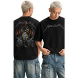 Fuddy Moda Unisex Oversize Rock Band Metallica One Eye Sırt Baskılı Bisiklet Yaka Tişört - Siyah - 2XL