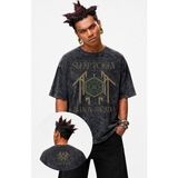 Fuddy Moda Unisex Oversize Rock Band Sleep Even In Arcadia Ense Baskılı Yıkamalı Retro Tişört - Siyah