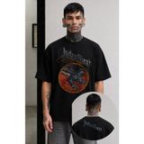 Fuddy Moda Unisex Oversize Rock Metal Band Judas Priest Ense Baskılı Bisiklet Yaka Tişört - Siyah - 4XL