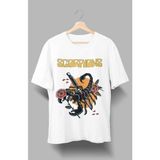 Fuddy Moda Unisex Oversize Scorpions Baskılı Tişört, Rock Metal Temalı T-Shirt - Beyaz