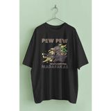 Fuddy Moda Unisex Pew Pew Masafakas Yazılı Tişört, Oversize Baby Yoda Temalı T-Shirt - Siyah - 4XL