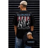 Fuddy Moda Unisex Ramones America Flag Sırt Baskılı Tişört, Oversize Rock Band Temalı Bisiklet Yaka Tshirt - Siyah