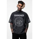 Fuddy Moda Unisex Ramones Kol Baskılı Yıkamalı Tişört, Oversize Rock Band Temalı Retro Tshirt - Siyah