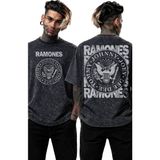 Fuddy Moda Unisex Ramones Sırt Baskılı Yıkamalı Tişört, Oversize Rock Band Temalı Retro Tshirt - Siyah - 4XL