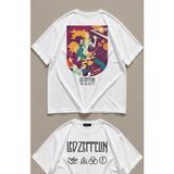 Fuddy Moda Unisex Renkli LED Zeppelin Sırt Baskılı Tişört, Oversize Rock Band Temalı Bisiklet Yaka T-Shirt - Beyaz
