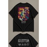 Fuddy Moda Unisex Renkli LED Zeppelin Sırt Baskılı Tişört, Oversize Rock Band Temalı Bisiklet Yaka T-Shirt - Siyah - 3XL