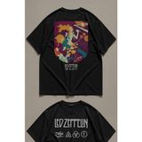 Fuddy Moda Unisex Renkli LED Zeppelin Sırt Baskılı Tişört, Oversize Rock Band Temalı Bisiklet Yaka T-Shirt - Siyah