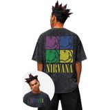 Fuddy Moda Unisex Renkli Nirvana Sırt Baskılı Yıkamalı Tişört, Oversize Rock Band Temalı Vintage Tshirt - Siyah - 3XL