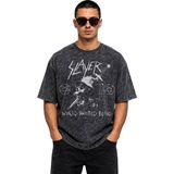 Fuddy Moda Unisex Slayer World Painted Blood Baskılı Yıkamalı Tişört, Oversize Rock Band Temalı Vintage Tshirt - Siyah - XL