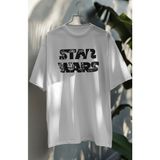 Fuddy Moda Unisex Star Wars Yazılı Tişört, Oversize Yıldız Savaşları Baskılı T-Shirt - Beyaz - XS