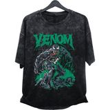 Fuddy Moda Unisex V2 Venom Yeşil Baskılı Yıkamalı Tişört, Oversize Marvel Baskılı Retro T-Shirt - XL - Siyah