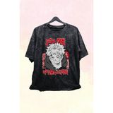 Fuddy Moda Unisex Yuji Itadori Jjk Eskitme Tişört, Oversize Anime Baskılı Yıkamalı T-Shirt - Siyah