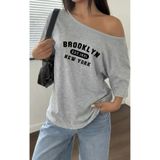 FUFLUNS BROOKLYN NEW YORK BASKILI OVERSİZE KADIN KAYIK YAKA T-SHİRT