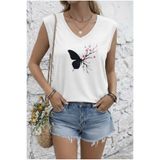 FUFLUNS SAKURA ÇİÇEK BASKILI KADIN OVERSİZE KOLSUZ T-SHIRT