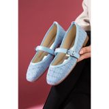 FUGA MODA Camelia Bebe Mavisi Simli Kumaş Nikel Tokalı Kemer Bantlı Babet
