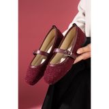 FUGA MODA Camelia Bordo Simli Kumaş Nikel Tokalı Kemer Bantlı Babet