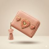 Fugo Concept Kadın Pudra Pembe Fermuarlı Cüzdan – Kalp Nakışlı, Çok Bölmeli Kartlık & Para Cüzdanı, Püskül Aksesuarlı Şık Tasarım - .