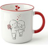 Fugo Concept Romantik Çift Tasarımlı 370 ml Porselen Kupa – Kırmızı Kulplu Sevimli Aşk Temalı Kahve Kupası - Romantik çift tasarımlı kupa - Beyaz - Kırmızı