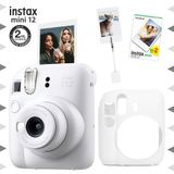 Fujifilm Instax Mini 12 Beyaz Fotoğraf Makinesi - 20'li Film - Kıskaçlı Resim Standı ve Silikon Kılıf Seti