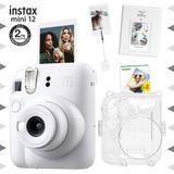 Fujifilm Instax Mini 12 Beyaz Fotoğraf Makinesi - 20'li Film - Kıskaçlı Stand - PVC Albüm ve Simli Pleksi Kılıf Seti