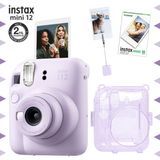 Fujifilm Instax mini 12 Lila Fotoğraf Makinesi 10'lu Film Kıskaçlı Resim Standı ve Simli Pleksi Kılıf Seti