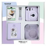 Fujifilm Instax mini 12 Lila Fotoğraf Makinesi 10'lu Film Simli Pleksi Kılıf PVC Albüm ve Kıskaçlı Resim Standı Bundle Box