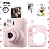 Fujifilm Instax mini 12 Pembe Fotoğraf Makinesi-20'li Film-Kıskaçlı Resim Standı ve Silikon Kılıf Seti