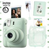 Fujifilm Instax mini 12 Yeşil Fotoğraf Makinesi-20'li Film-Kıskaçlı Stand-PVC Albüm ve Simli Pleksi Kılıf Seti