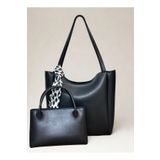 fular & bags Kadın İkili Takım Leopar Fularlı Fermuarlı Ve Çıtçıt Kapamalı Siyah Shopper El Ve Omuz Çantası