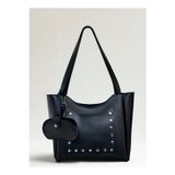 fular & bags Kadın Ön Cepli Zımbalı Gözlüklü Fermuarlı Ve Çıtçıt Kapamalı Siyah Shopper El Ve Omuz Çantası