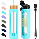 FULBEVY 32oz Cam Su Şişeleri - 1 Litre Motivasyon Bardak Su Şişesi Zaman İşaretleyici - Silikon Kılıflı ve 2 Kapaklı Borosilikat Cam Su Şişesi, Saplı ve Bambu Hasır Kapaklı