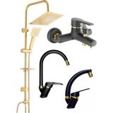Fulcie Armatür Kare Gold Robot Duş Seti, Siyah Gold Banyo, Siyah Gold Lavabo ve Mutfak - Açık Beyaz - Gri