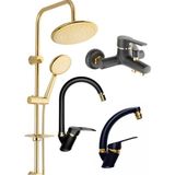 Fulcie Armatür Kare Gold Robot Duş Seti, Siyah Gold Banyo, Siyah Gold Lavabo ve Mutfak Bataryası - Altın - Siyah