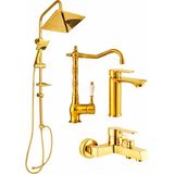 Fulcie Aurum Luxe 4’lü Set - 4’lü Rustik Banyo & Mutfak Seti | Robot Duş + Lavabo + Gold Eviye + Banyo Set - Altın