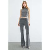Fulla Moda Beli Lastikli Taşlı Simli Flare Pantolon