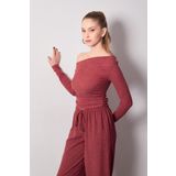 Fulla Moda Bürümcük Kumaş Drapeli Kayık Yaka Bluz