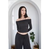 Fulla Moda Bürümcük Kumaş Madonna Yaka Bluz