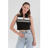 Fulla Moda Çizgili Önü Fermuarlı Kolsuz Crop Bluz