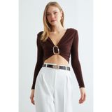 Fulla Moda Drapeli Tokalı Omuz Vatkalı Crop Bluz