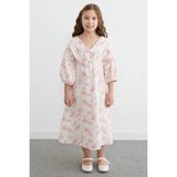 FullaModa %100 Pamuk Çiçek Desenli Kız Çocuk Elbise - 13 - 14 Yaş - Pembe