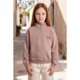FullaModa 3 İplik Yarım Fermuarlı Dik Yaka Kız Çocuk Sweatshirt - Vizon - 8 - 9 Yaş