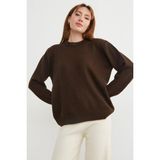 FullaModa Basic Bisiklet Yaka Salaş Triko Kazak - Koyu Kahve - M - L