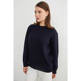 FullaModa Basic Bisiklet Yaka Salaş Triko Kazak - Lacivert - M - L