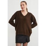 FullaModa Basic V Yaka Salaş Kazak - Kahve - M - L