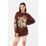 FullaModa Baskılı Bisiklet Yaka Ekru Kadın Sweatshirt