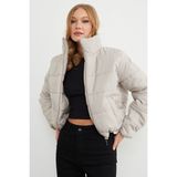 FullaModa Beli Lastikli Crop Şişme Mont - Taş