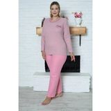 FullaModa Büyük Beden Çizgili Bisiklet Yaka Uzun Kol Pijama Takımı - Gri - 3XL